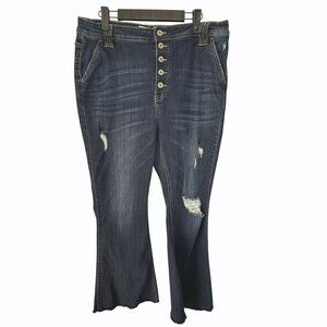 Kancan Flare Leg Distressed‎ Blue Button-Fly Denim Jeans XL